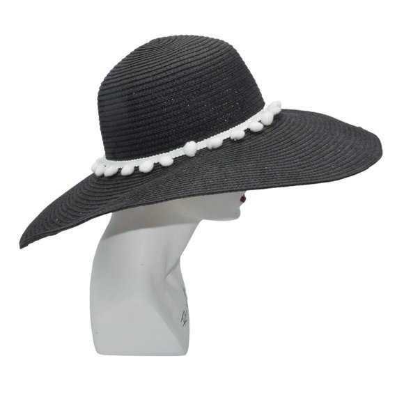 Black Wide Brim Straw Sun Hat Pom Embellished - Picture 2 of 8